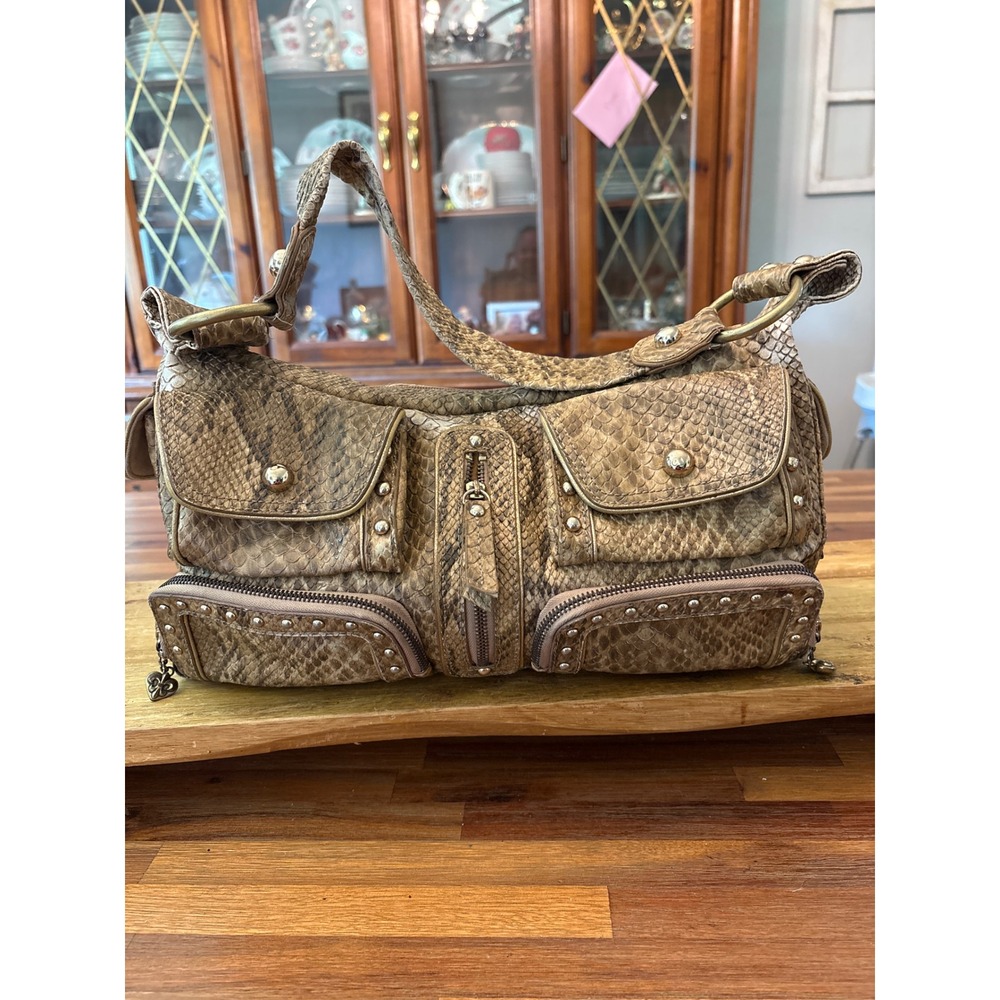 Kathy Van Zeeland Shoulder Bag Womens Large Tan Snakeskin Excellent Y2K Cargo